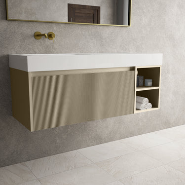 Scanalato Single Drawer Vanity Unit With Open Storage Space And Beyondstone BLOC Basin - Cashmere 1200mm