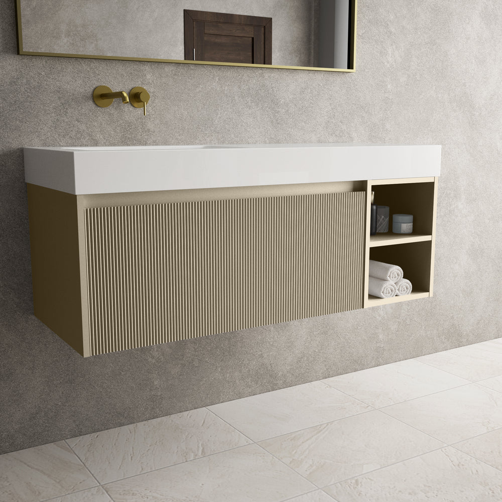 Scanalato Single Drawer Vanity Unit With Open Storage Space And Beyondstone BLOC Basin - Cashmere 1200mm
