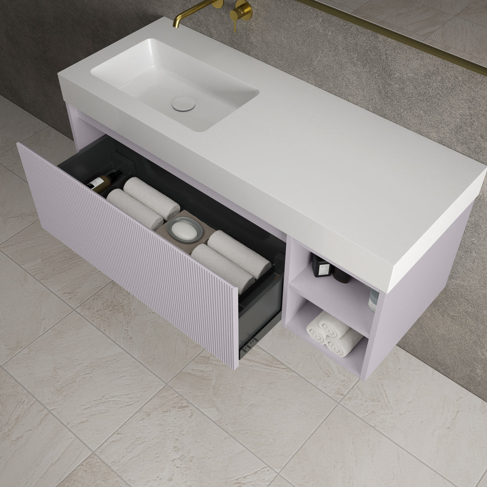 Scanalato Single Drawer Vanity Unit With Open Storage Space And Beyondstone BLOC Basin - Soft Violet 1200mm