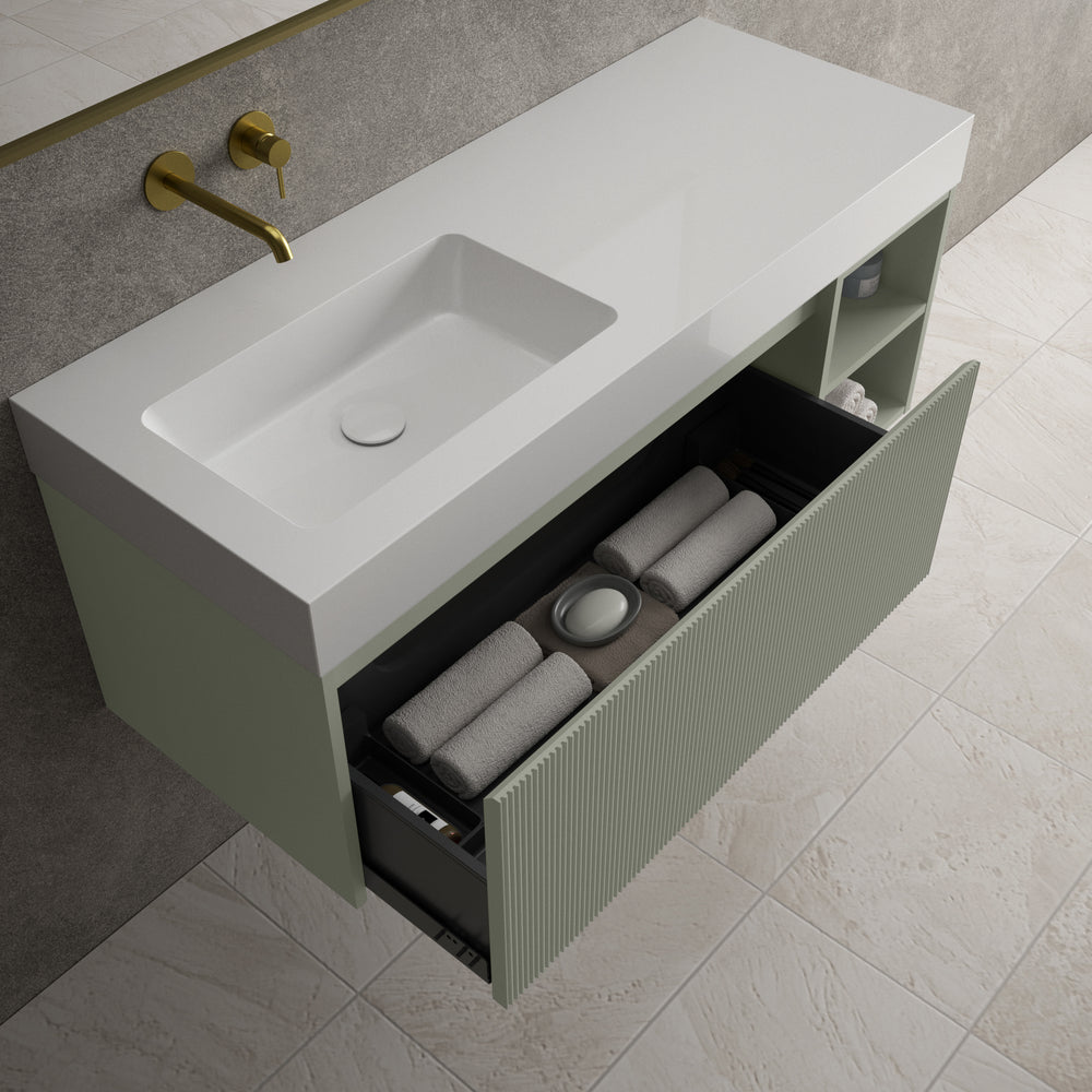 Scanalato Single Drawer Vanity Unit With Open Storage Space And Beyondstone BLOC Basin - Pistachio 1200mm