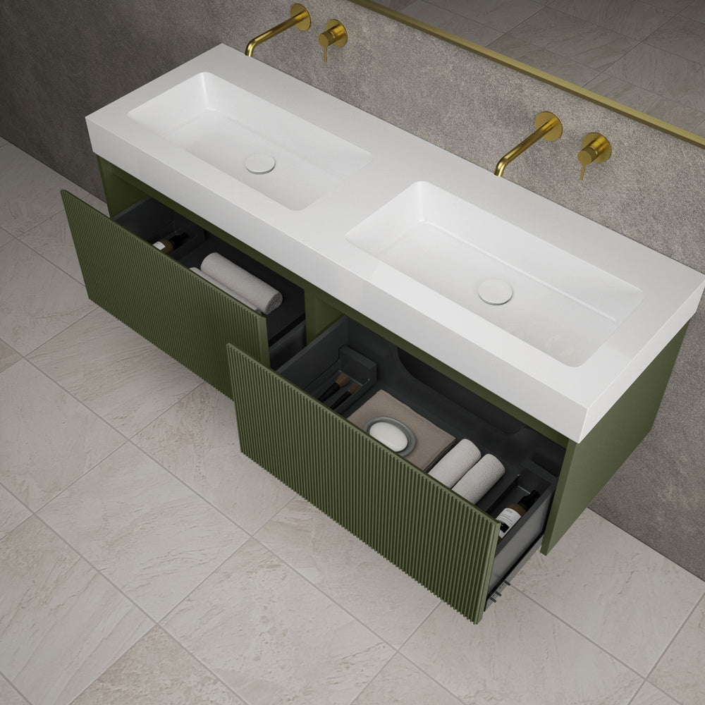 Scanalato Double Drawer Vanity Unit With Beyondstone BLOC Double Basin - Seaweed 1400mm