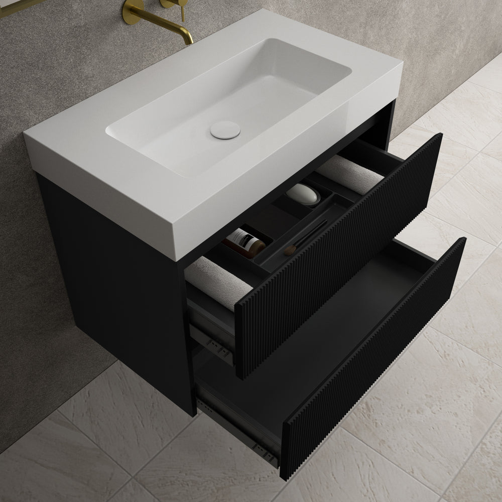 Scanalato Double Drawer Vanity Unit  With Beyondstone BLOC Basin - Pure Black 800mm