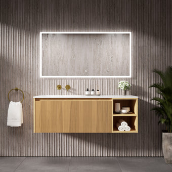 Scanalato Single Drawer Vanity Unit With Open Storage Space And Left Hand Beyondstone Basin - Oak 1200mm