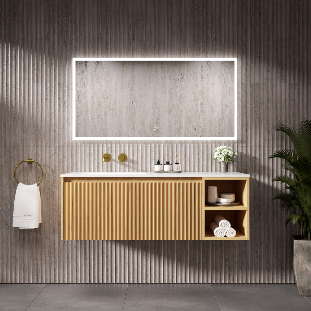 Scanalato Single Drawer Vanity Unit With Open Storage Space And Left Hand Beyondstone Basin - Oak 1200mm