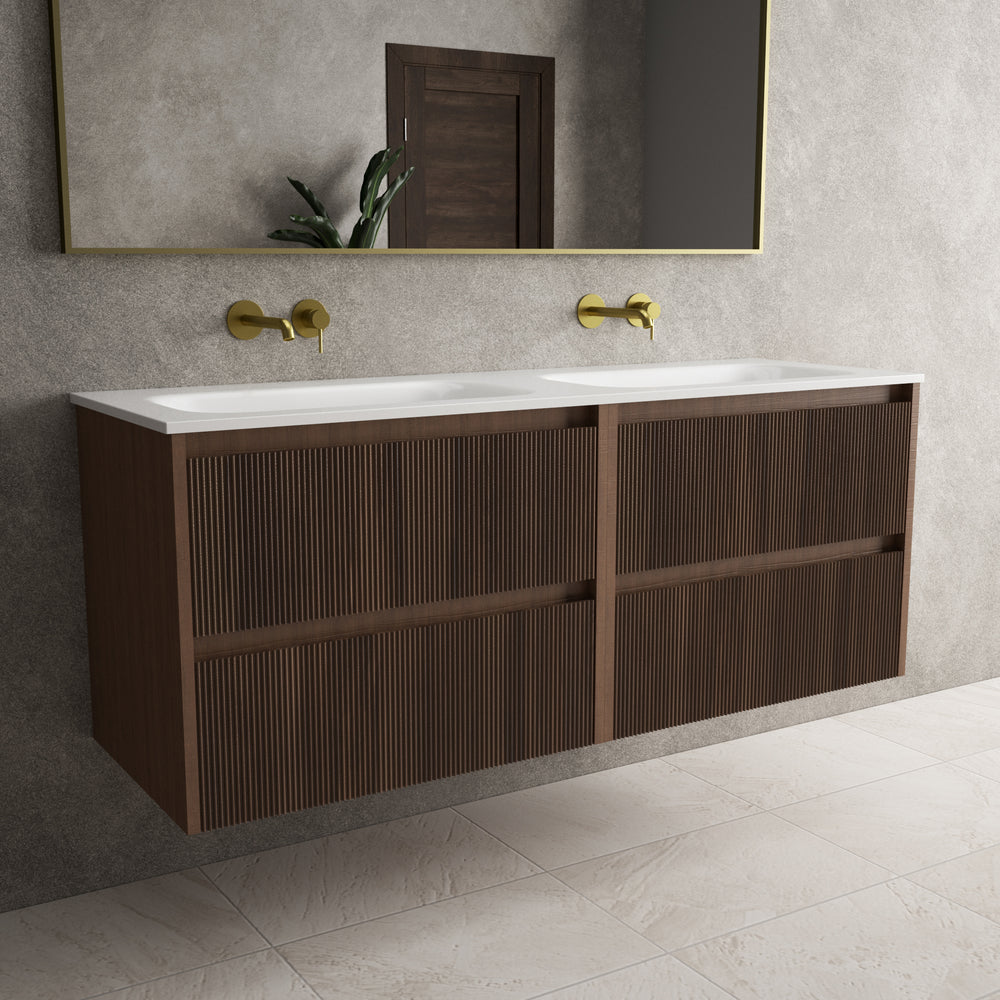 Scanalato Four Drawer Vanity Unit With Beyondstone Double Basin - Walnut 1400mm