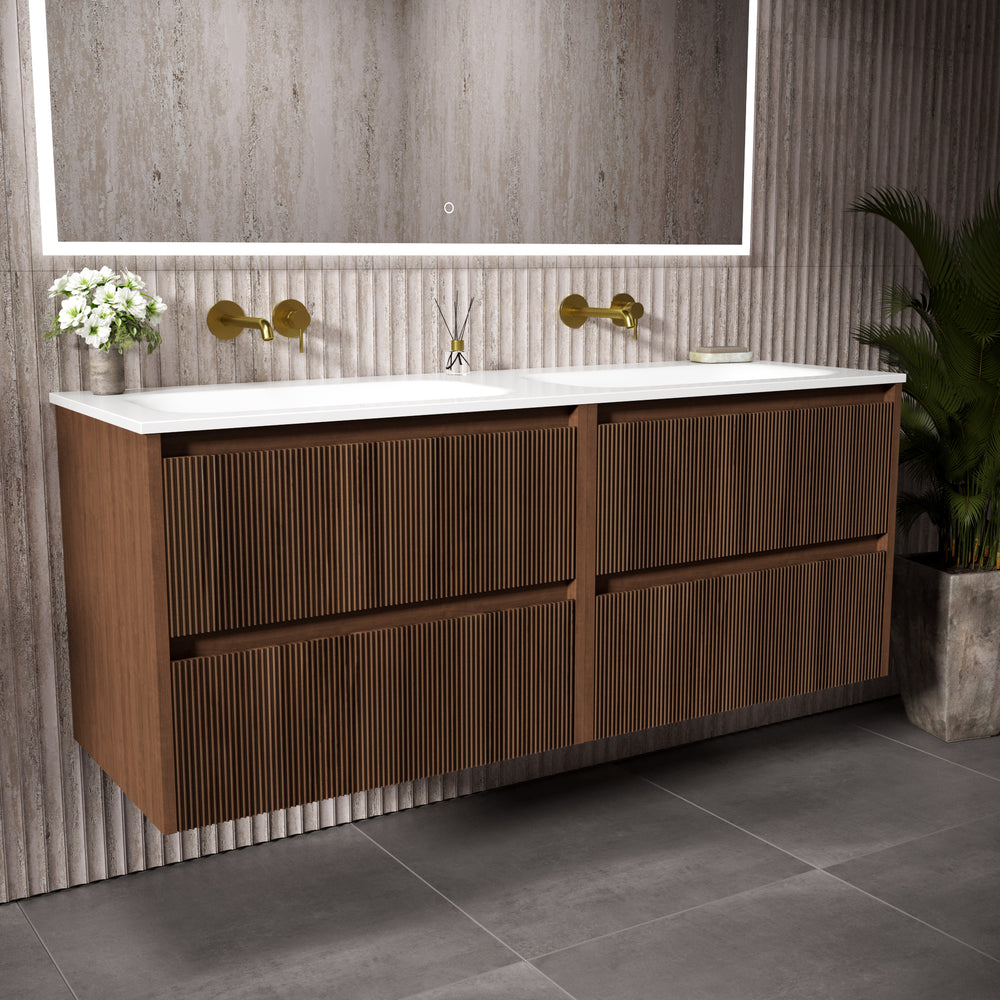 Scanalato Four Drawer Vanity Unit With Beyondstone Double Basin - Walnut 1400mm