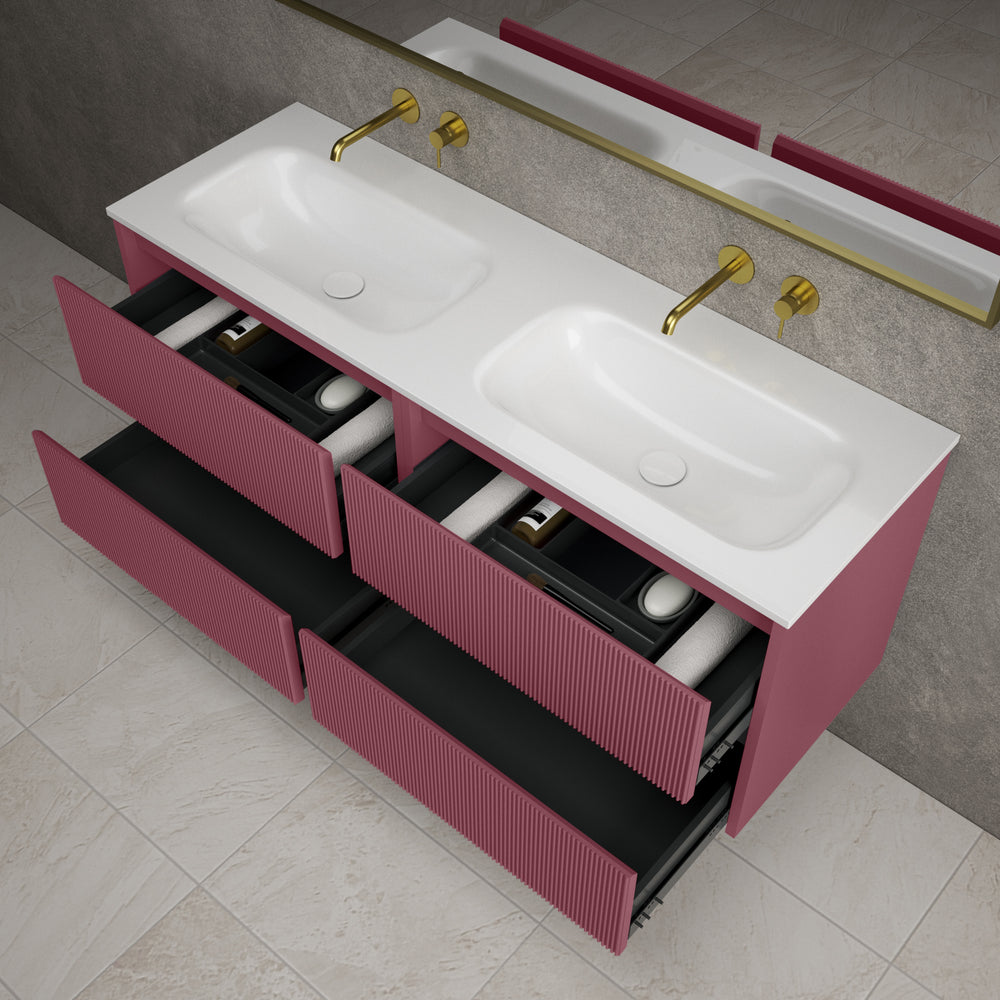 Scanalato Four Drawer Vanity Unit With Beyondstone Double Basin - Mineral Red 1400mm
