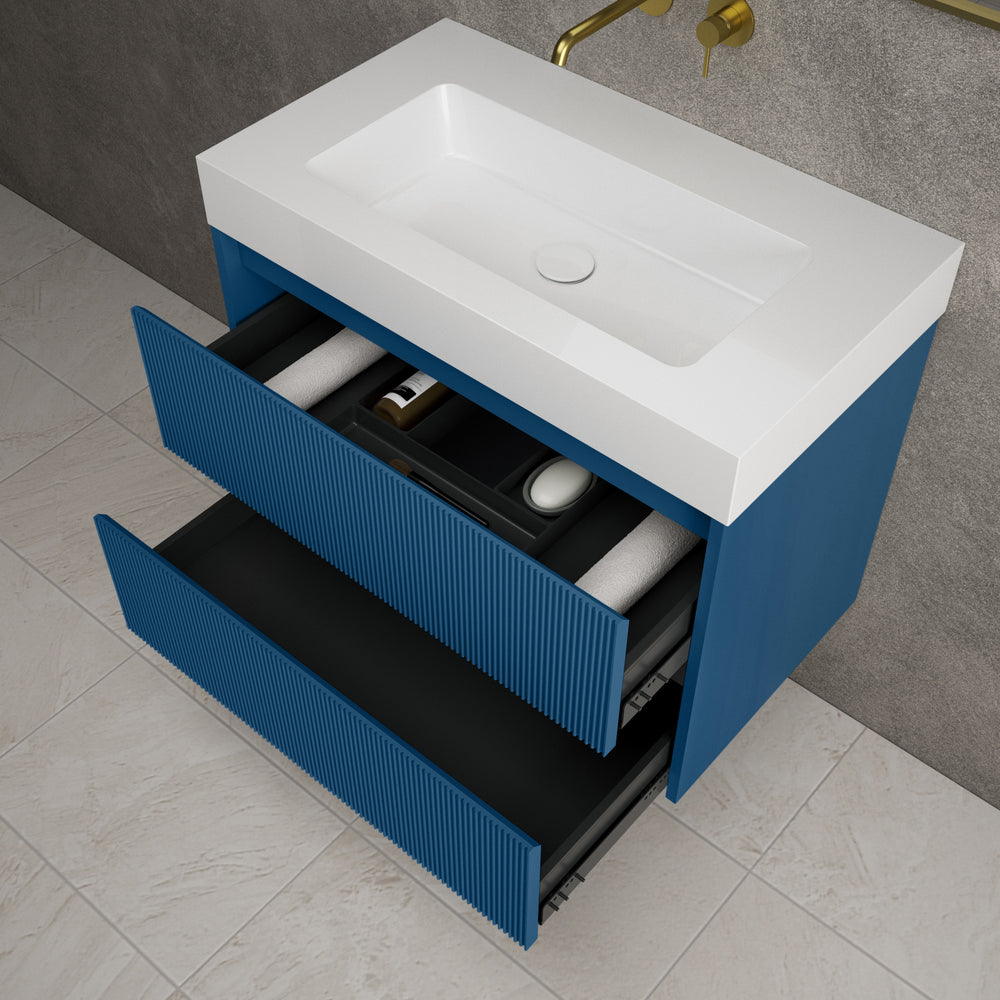 Scanalato Double Drawer Vanity Unit  With Beyondstone BLOC Basin - Ocean Blue 800mm