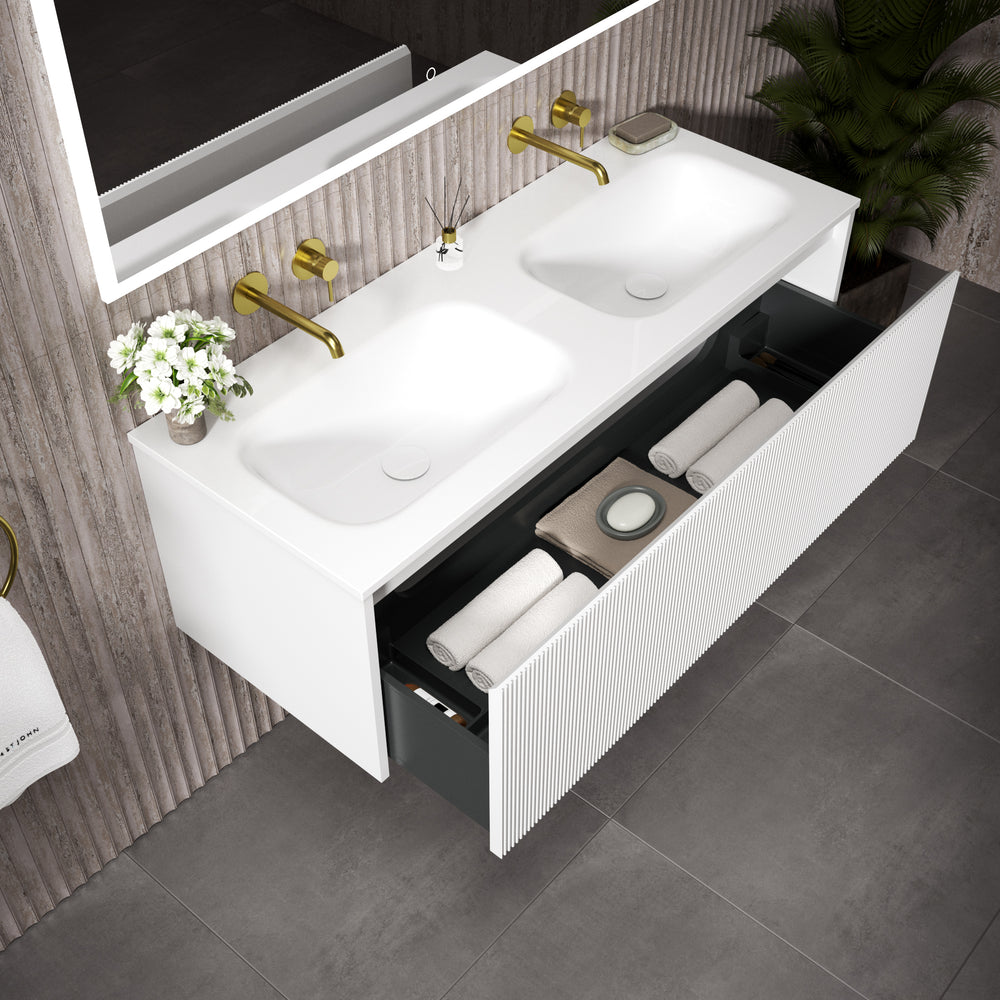 Scanalato Single Drawer Vanity Unit With Beyondstone Double Basin - Pure White 1200mm