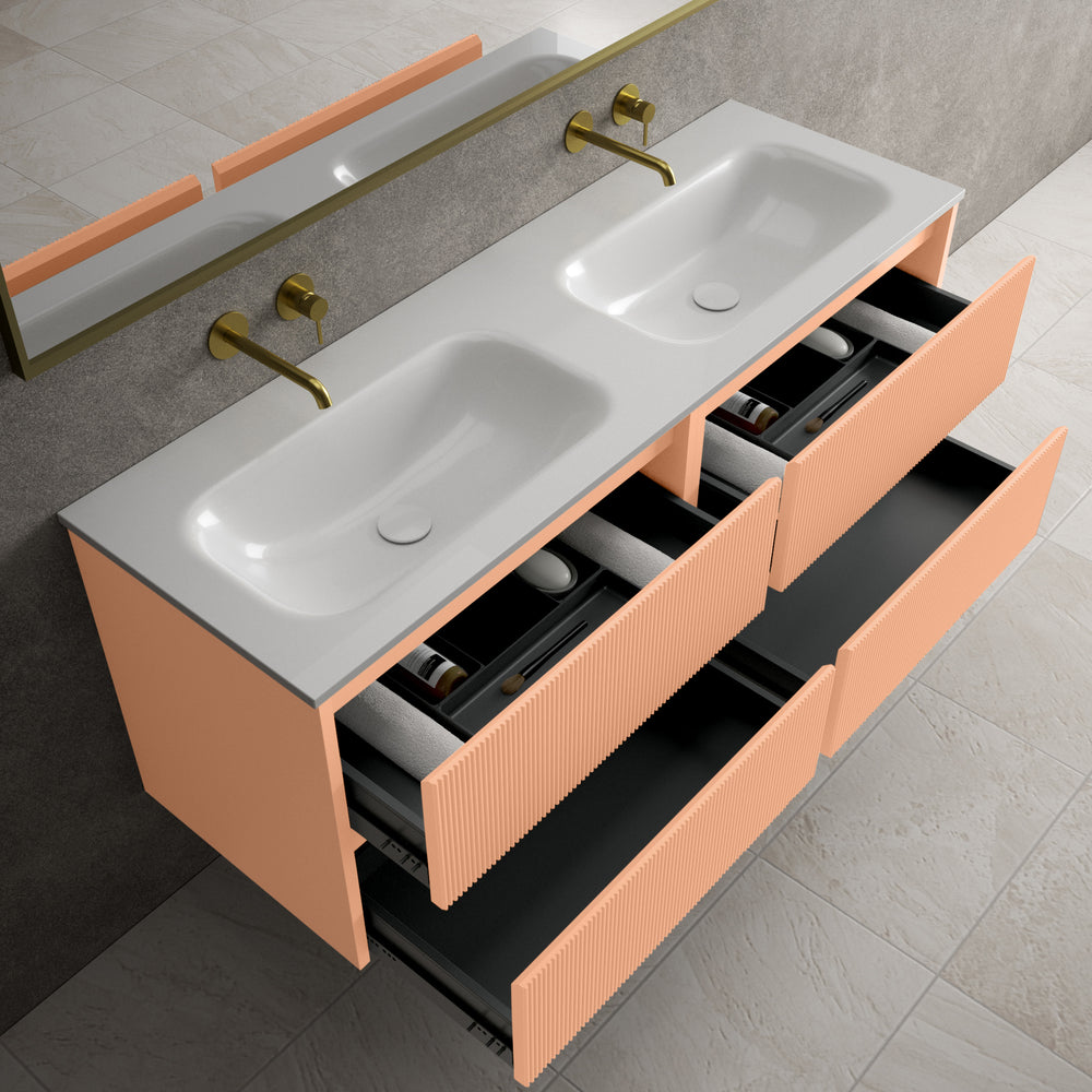 Scanalato Four Drawer Vanity Unit With Beyondstone Double Basin - Peach Fuzz 1400mm