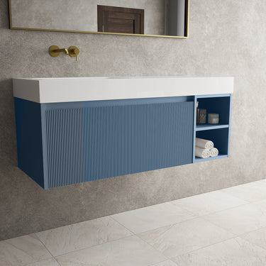 Scanalato Single Drawer Vanity Unit With Open Storage Space And Beyondstone BLOC Basin - Soft Blue 1200mm