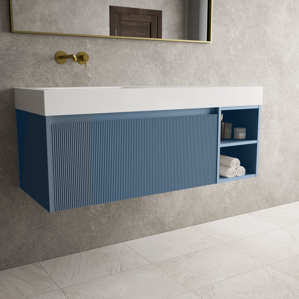 Scanalato Single Drawer Vanity Unit With Open Storage Space And Beyondstone BLOC Basin - Soft Blue 1200mm