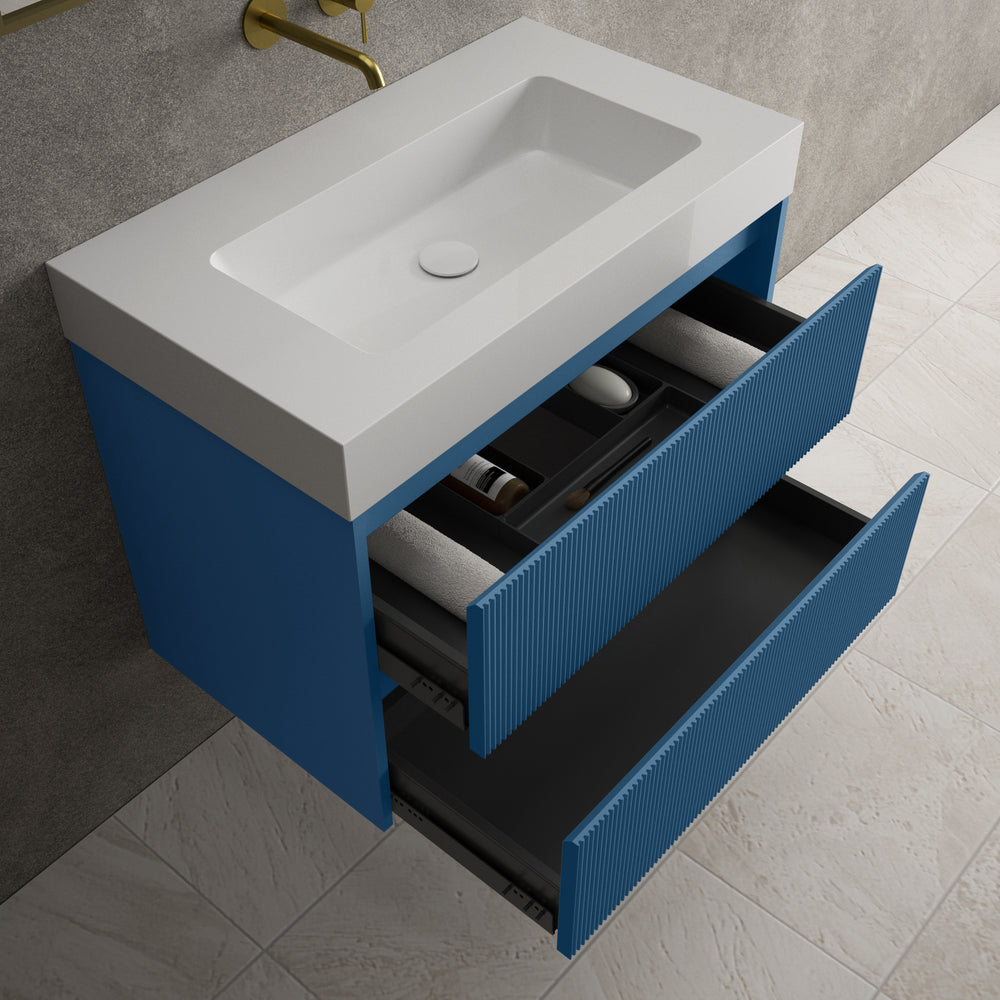 Scanalato Double Drawer Vanity Unit  With Beyondstone BLOC Basin - Ocean Blue 800mm
