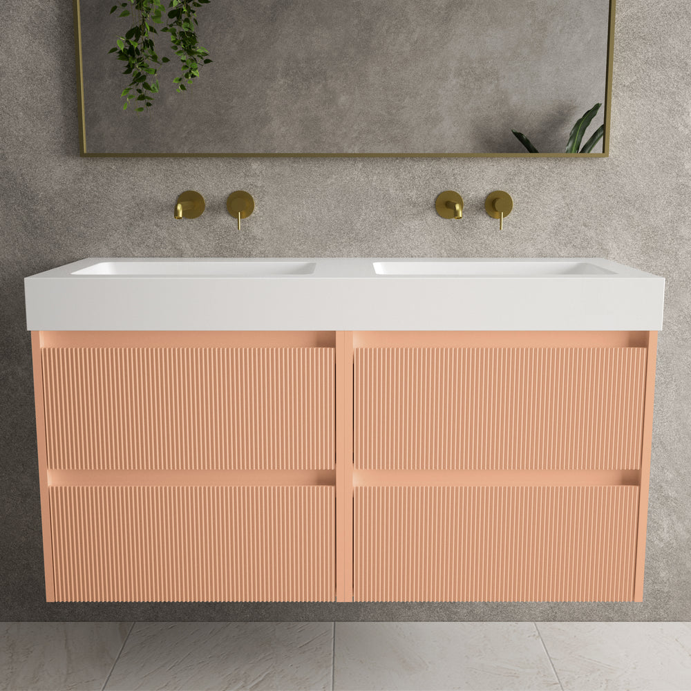 Scanalato Four Drawer Vanity Unit With Beyondstone BLOC Double Basin - Peach Fuzz 1200mm