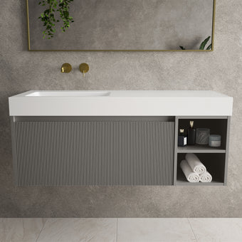 Scanalato Single Drawer Vanity Unit With Open Storage Space And Beyondstone BLOC Basin - Rich Taupe 1200mm