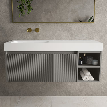 Scanalato Single Drawer Vanity Unit With Open Storage Space And Beyondstone BLOC Basin - Rich Taupe 1200mm