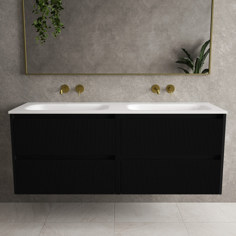 Scanalato Four Drawer Vanity Unit With Beyondstone Double Basin - Pure Black 1400mm