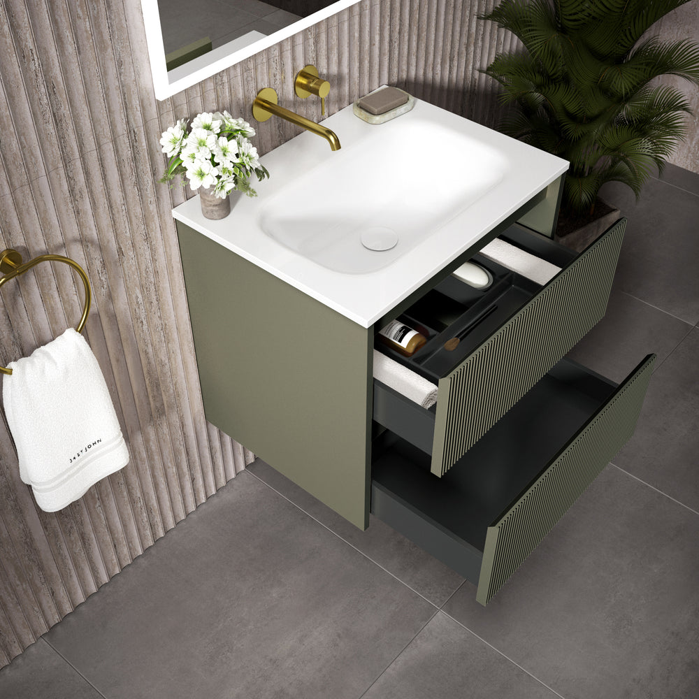 Scanalato Double Drawer Vanity Unit  With Beyondstone Basin - Pistachio 600mm