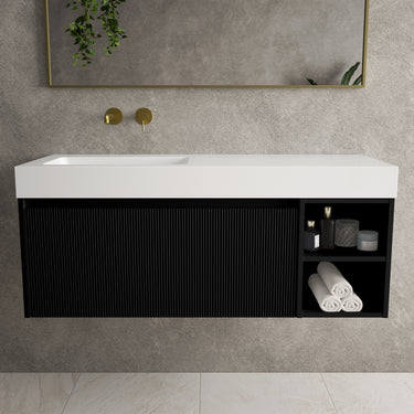 Scanalato Single Drawer Vanity Unit With Open Storage Space And Beyondstone BLOC Basin - Pure Black 1200mm