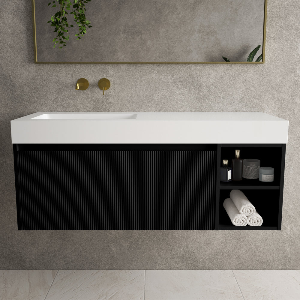 Scanalato Single Drawer Vanity Unit With Open Storage Space And Beyondstone BLOC Basin - Pure Black 1200mm