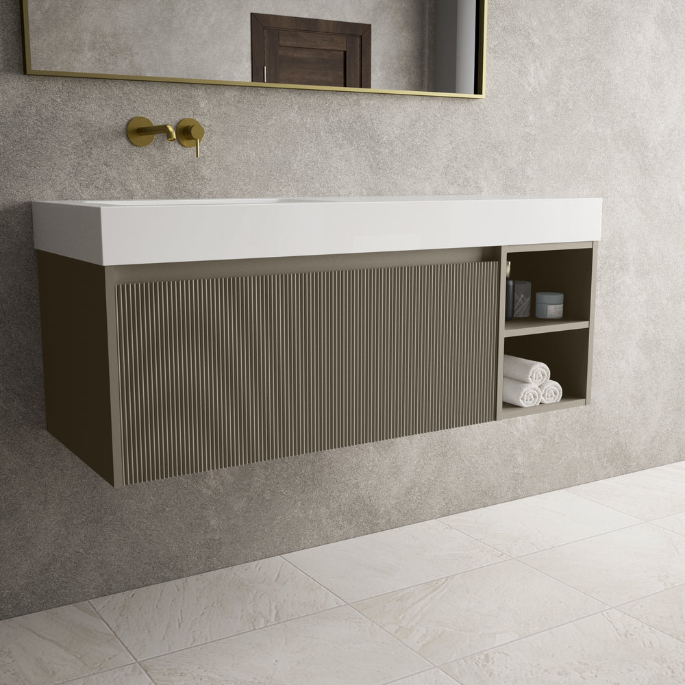 Scanalato Single Drawer Vanity Unit With Open Storage Space And Beyondstone BLOC Basin - Soft Taupe 1200mm