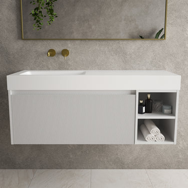 Scanalato Single Drawer Vanity Unit With Open Storage Space And Beyondstone BLOC Basin - Soft Grey 1200mm
