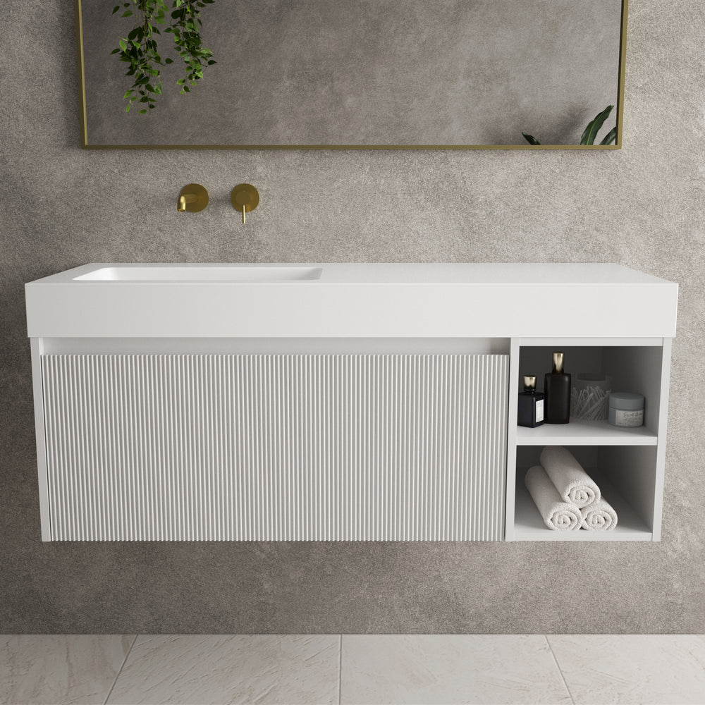 Scanalato Single Drawer Vanity Unit With Open Storage Space And Beyondstone BLOC Basin - Soft Grey 1200mm
