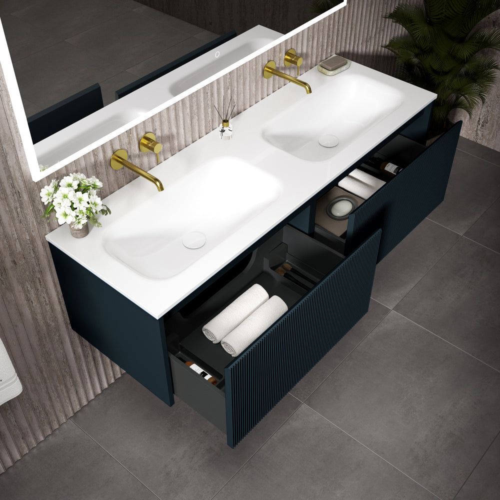 Scanalato Double Drawer Vanity Unit With Beyondstone Double Basin - Midnight Blue 1400mm