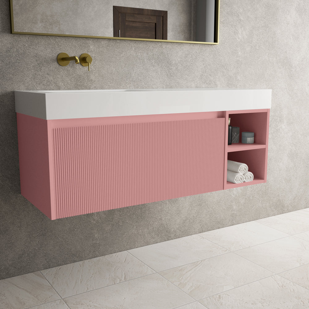 Scanalato Single Drawer Vanity Unit With Open Storage Space And Beyondstone BLOC Basin - Dusky Pink 1200mm