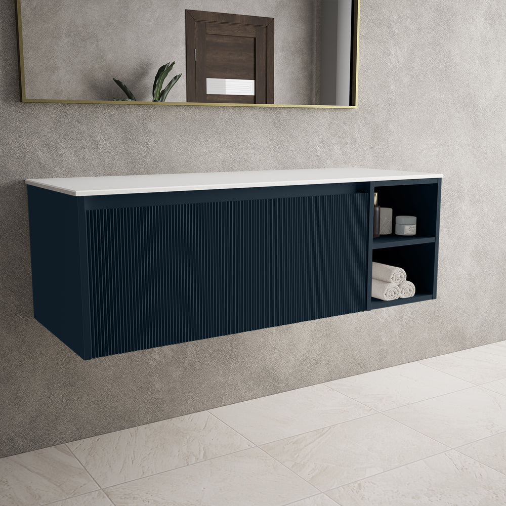 Scanalato Single Drawer Countertop Vanity Unit With Open Storage Space - Midnight Blue 1200mm