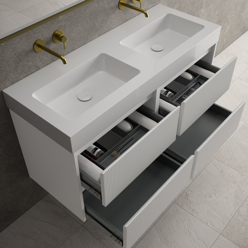 Scanalato Four Drawer Vanity Unit With Beyondstone BLOC Double Basin - Soft Grey 1200mm
