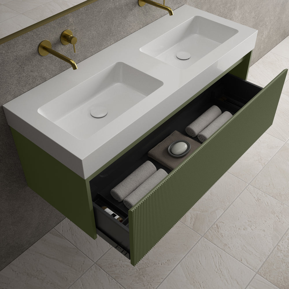 Scanalato Single Drawer Vanity Unit With Beyondstone BLOC Double Basin - Seaweed 1200mm