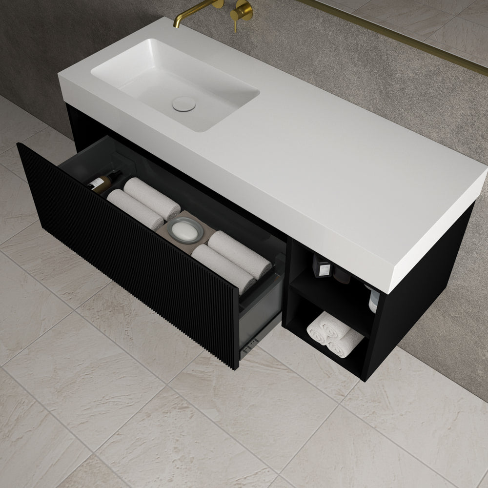 Scanalato Single Drawer Vanity Unit With Open Storage Space And Beyondstone BLOC Basin - Pure Black 1200mm