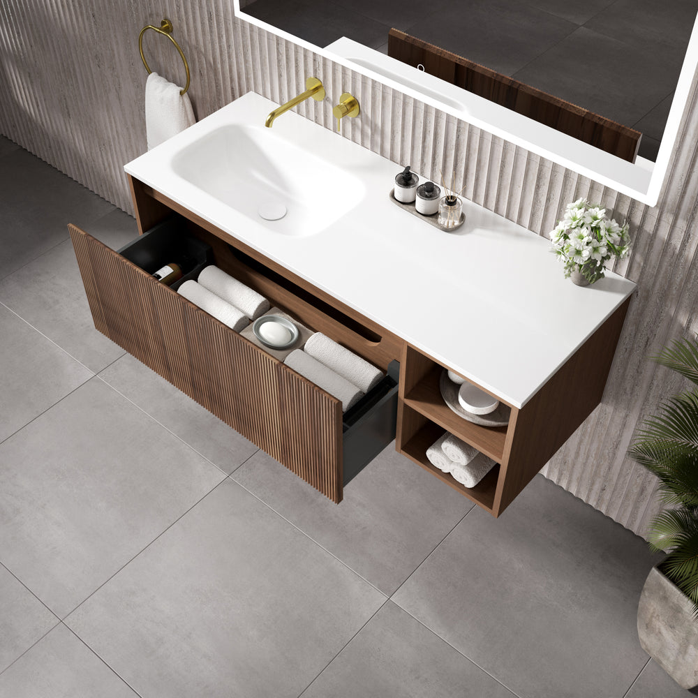 Scanalato Single Drawer Vanity Unit With Open Storage Space And Left hand Beyondstone Basin - Walnut 1200mm