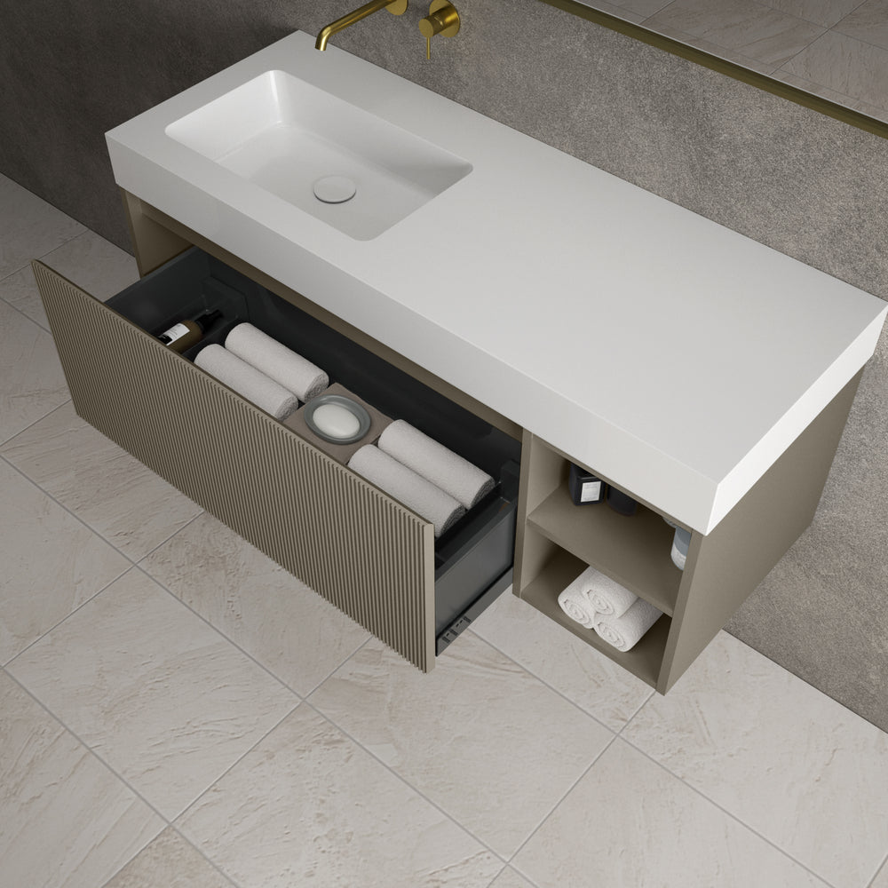 Scanalato Single Drawer Vanity Unit With Open Storage Space And Beyondstone BLOC Basin - Soft Taupe 1200mm