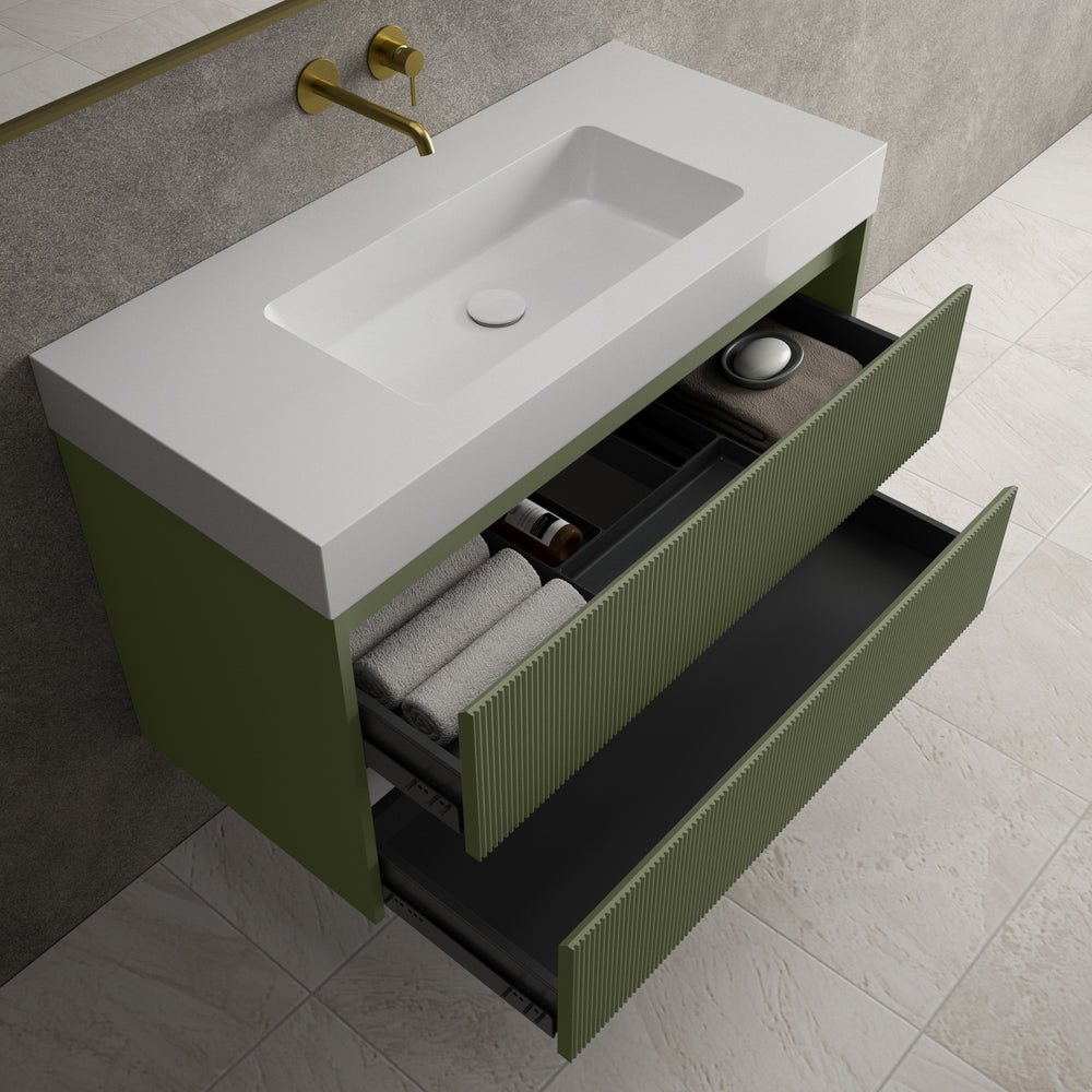 Scanalato Double Drawer Vanity Unit  With Beyondstone BLOC Basin - Seaweed 1000mm