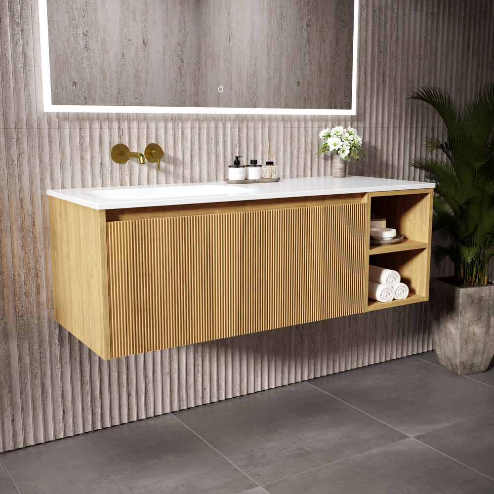 Scanalato Single Drawer Vanity Unit With Open Storage Space And Left Hand Beyondstone Basin - Oak 1200mm