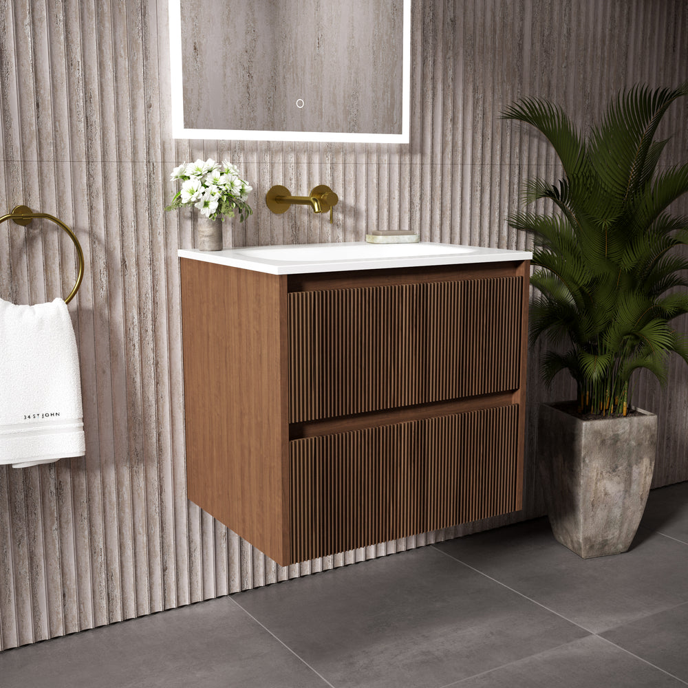 Scanalato Double Drawer Vanity Unit  With Beyondstone Basin - Walnut 600mm