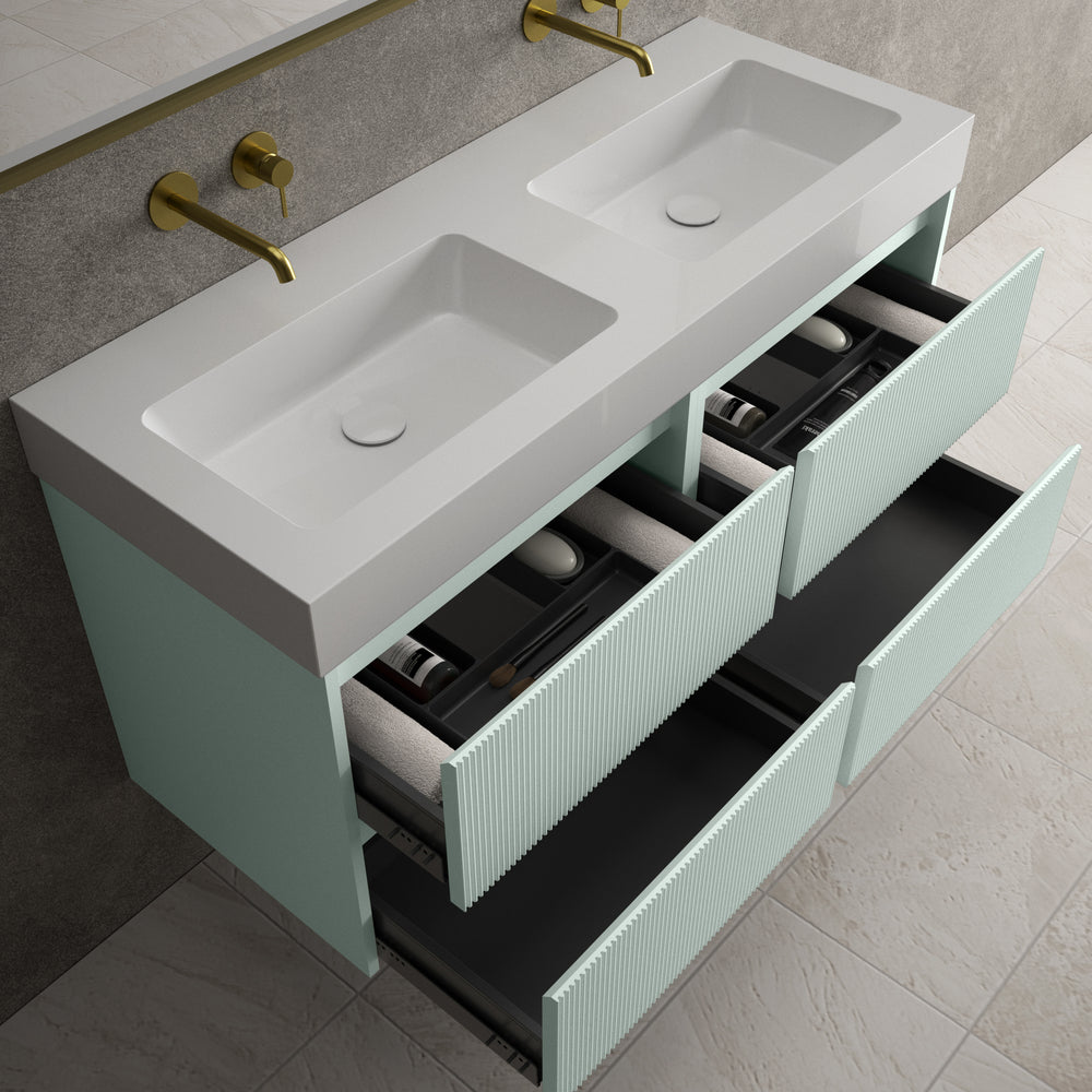 Scanalato Four Drawer Vanity Unit With Beyondstone BLOC Double Basin - Peppermint 1200mm