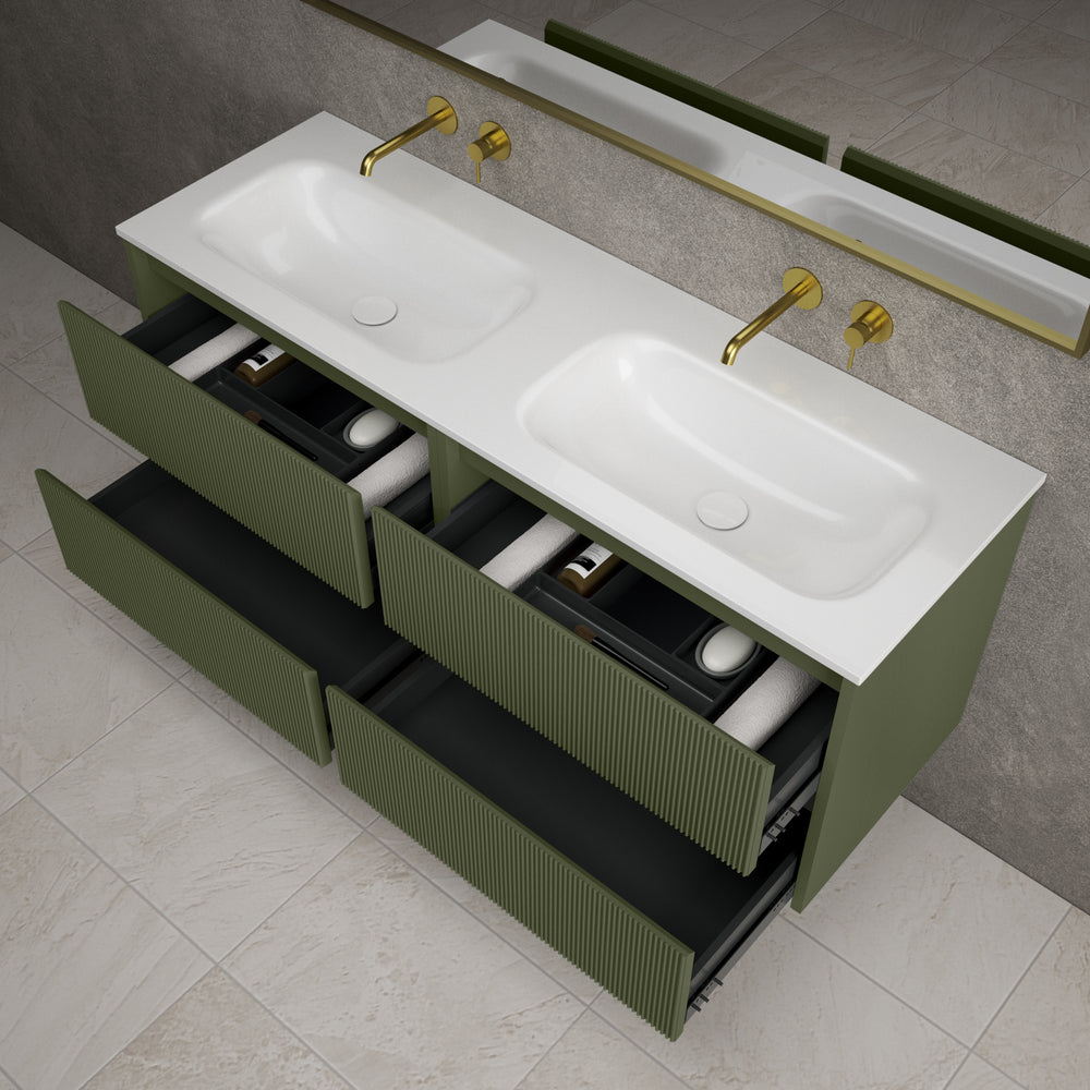 Scanalato Four Drawer Vanity Unit With Beyondstone Double Basin - Seaweed 1400mm
