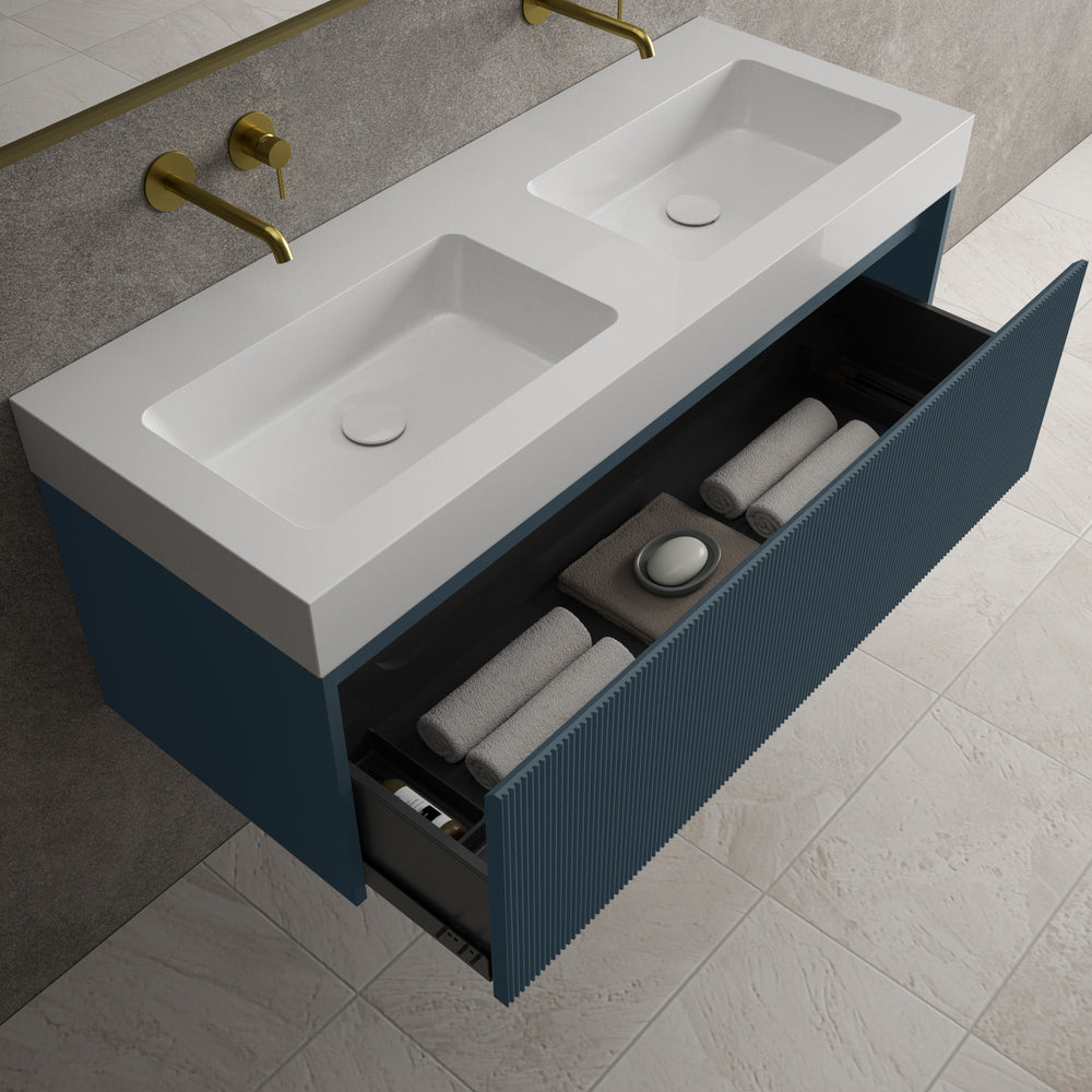 Scanalato Single Drawer Vanity Unit With Beyondstone BLOC Double Basin - Midnight Blue 1200mm