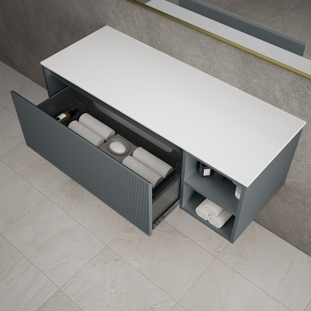 Scanalato Single Drawer Countertop Vanity Unit With Open Storage Space - Slate Grey 1200mm