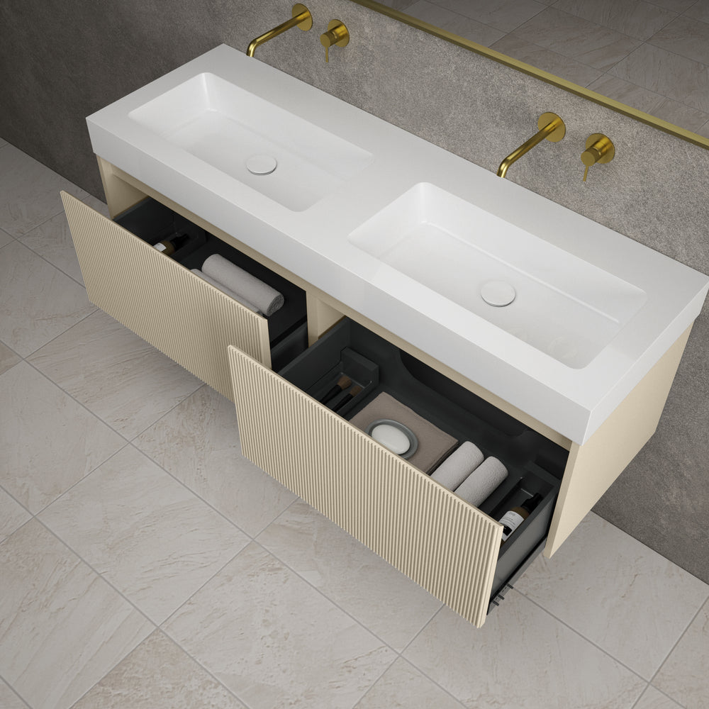 Scanalato Double Drawer Vanity Unit With Beyondstone BLOC Double Basin - Cashmere 1400mm