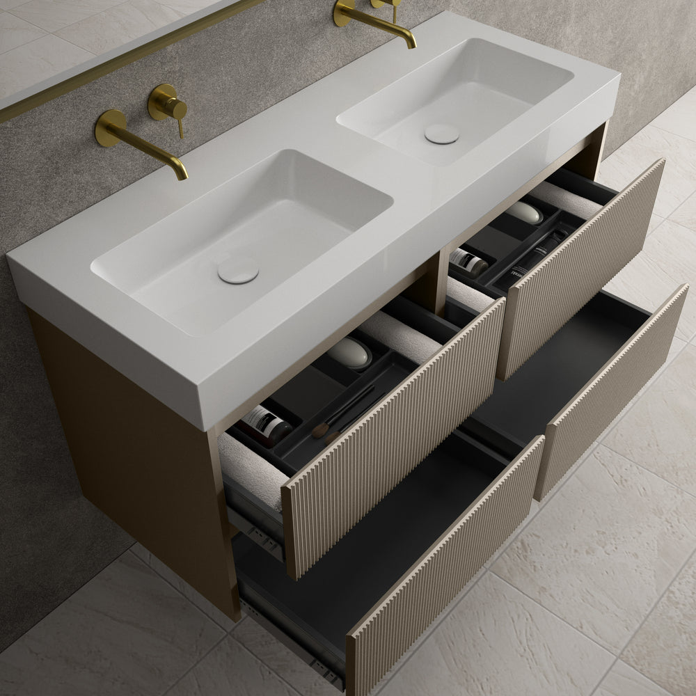 Scanalato Four Drawer Vanity Unit With Beyondstone BLOC Double Basin - Soft Taupe 1200mm