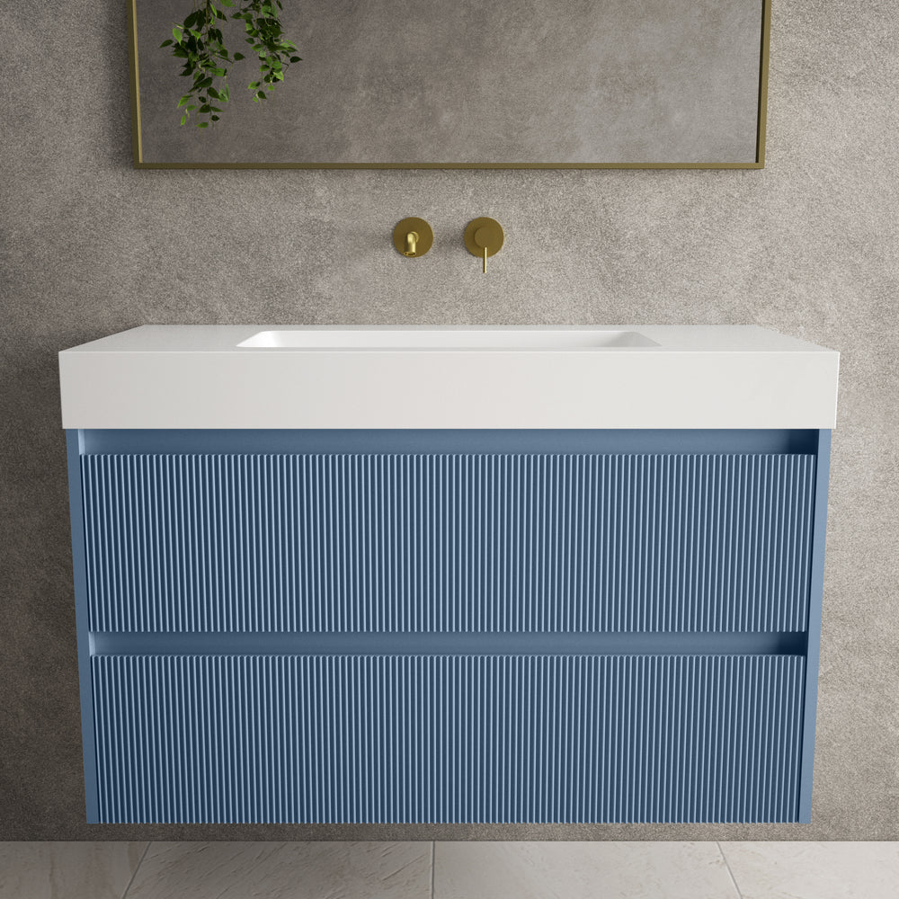 Scanalato Double Drawer Vanity Unit  With Beyondstone BLOC Basin - Soft Blue 1000mm