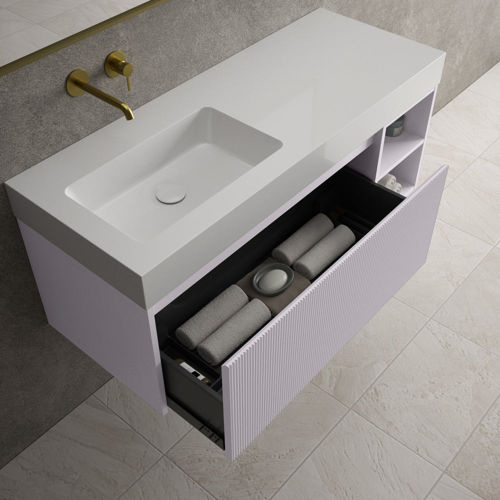 Scanalato Single Drawer Vanity Unit With Open Storage Space And Beyondstone BLOC Basin - Soft Violet 1200mm