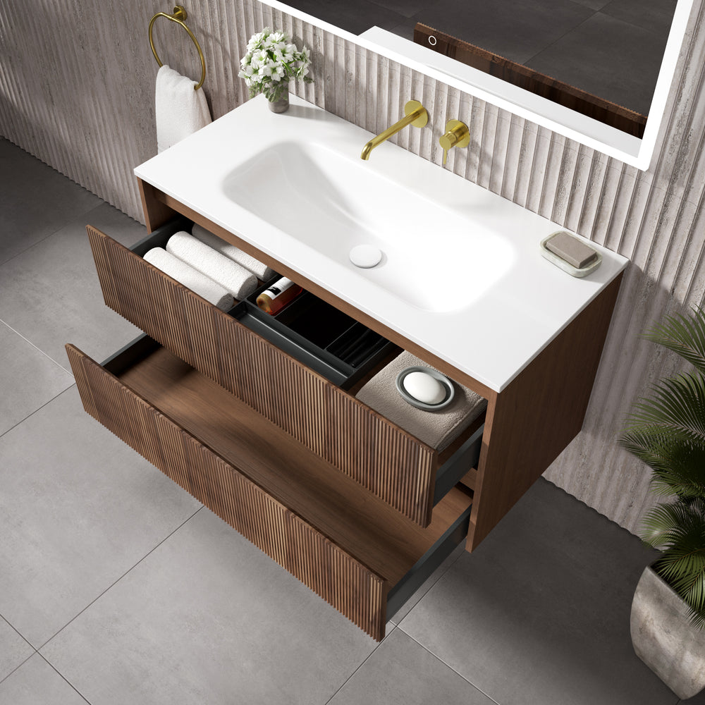 Scanalato Double Drawer Vanity Unit  With Beyondstone Basin - Walnut 1000mm