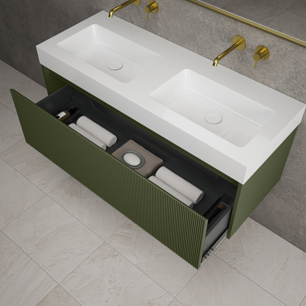 Scanalato Single Drawer Vanity Unit With Beyondstone BLOC Double Basin - Seaweed 1200mm