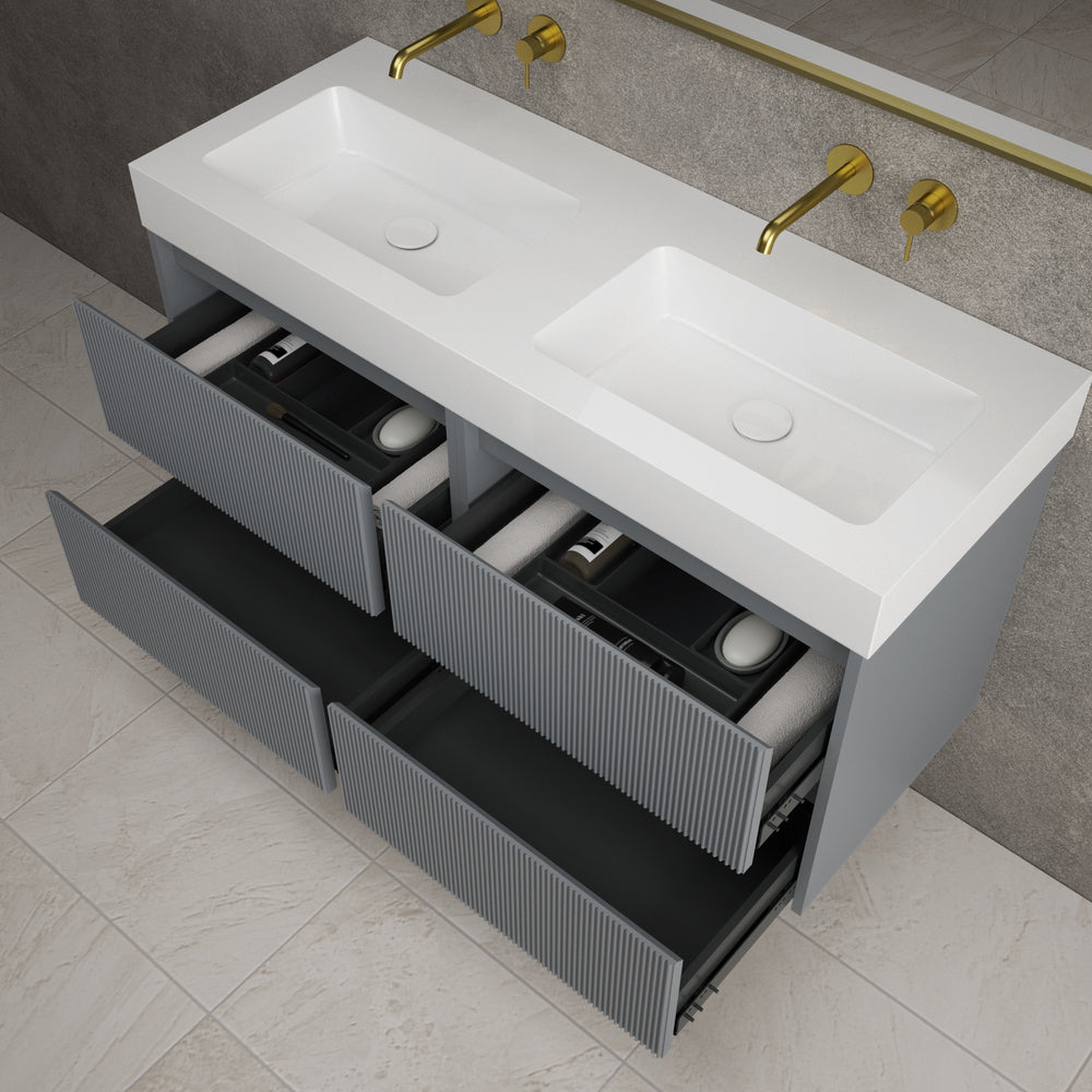 Scanalato Four Drawer Vanity Unit With Beyondstone BLOC Double Basin - Dove Grey 1200mm