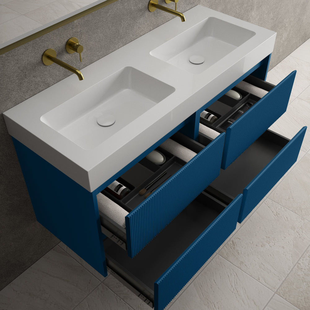 Scanalato Four Drawer Vanity Unit With Beyondstone BLOC Double Basin - Ocean Blue 1200mm